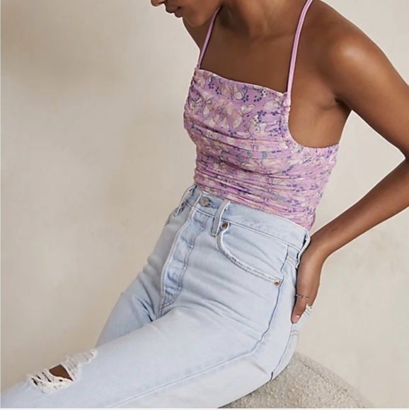 Free People shirred butterfly print bodysuit top xs - Picture 3 of 13